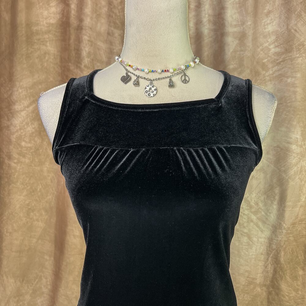 Vintage Y2K Velour Tank Top Black Ruched Square Neck Sleeveless Indie Goth 2000s - Picture 2 of 7